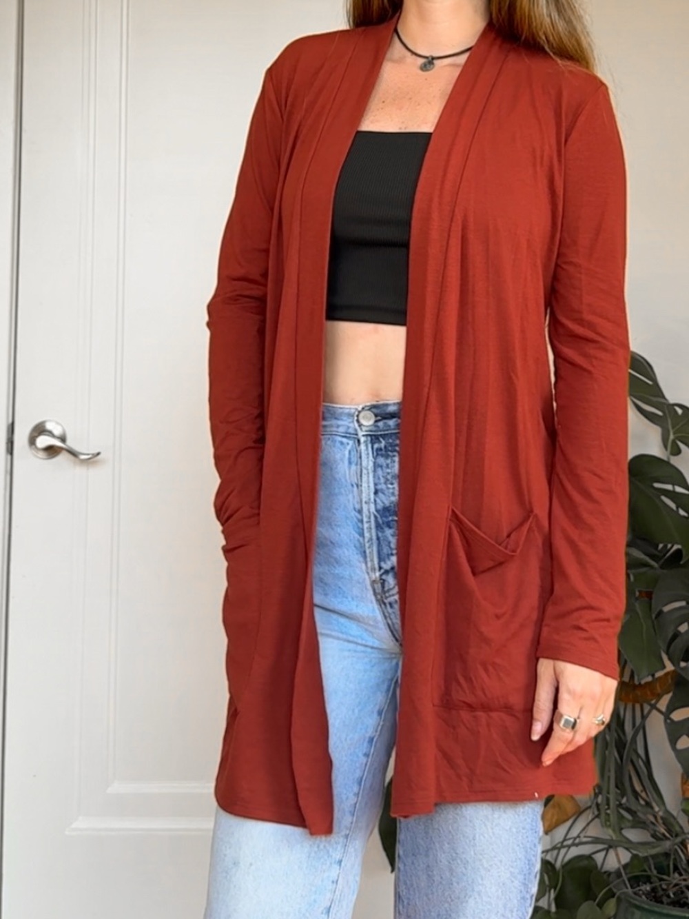 Zenana Outfitters Rust Open-Front Lightweight Cardigan